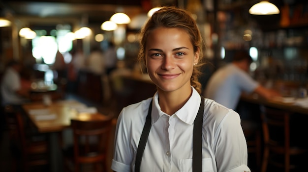 Portret van een glimlachende serveerster in een druk restaurant