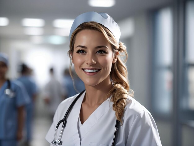 Portret van een glimlachende verpleegster in een ziekenhuis