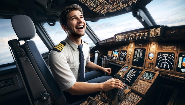 Foto portret van een glimlachende vliegtuigkapitein in uniform die zich voorbereidt op een vlucht in de vliegtuigcabine