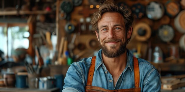 Portret van een glimlachende volwassen ambachtsman in een werkplaats