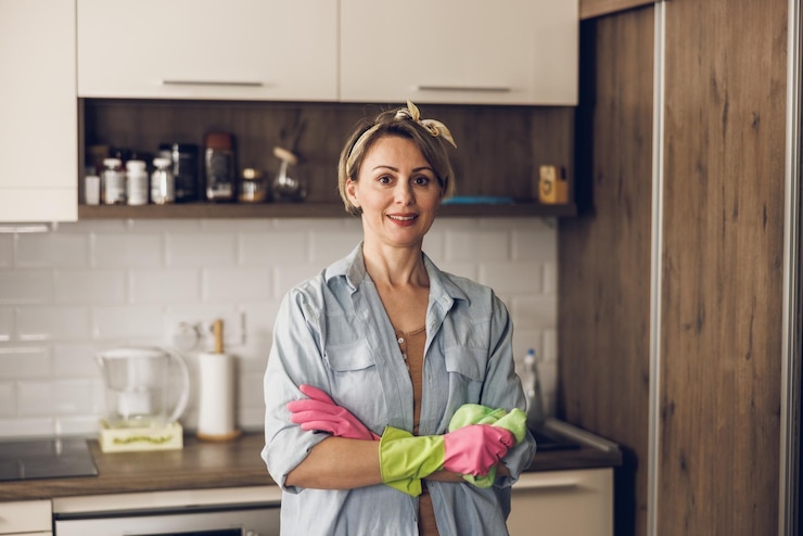 Foto portret van een glimlachende volwassen vrouw met een beschermende handschoen terwijl ze haar huis schoon houdt en naar de camera kijkt