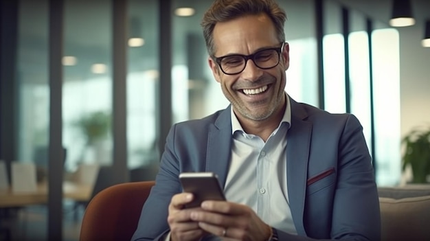 Portret van een glimlachende volwassen zakenman die een mobiele telefoon gebruikt terwijl hij in het kantoor zit.