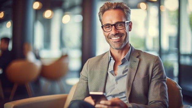 Portret van een glimlachende volwassen zakenman die een mobiele telefoon gebruikt terwijl hij in het kantoor zit.