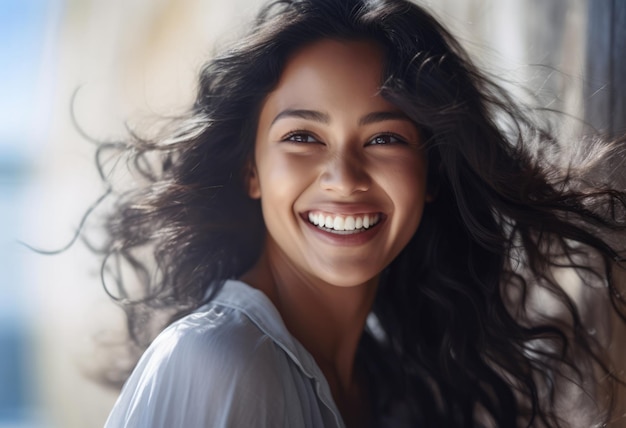 Portret van een glimlachende vrouw geïsoleerd van de achtergrond