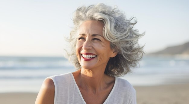 Portret van een glimlachende vrouw gewikkeld in een deken op het strand