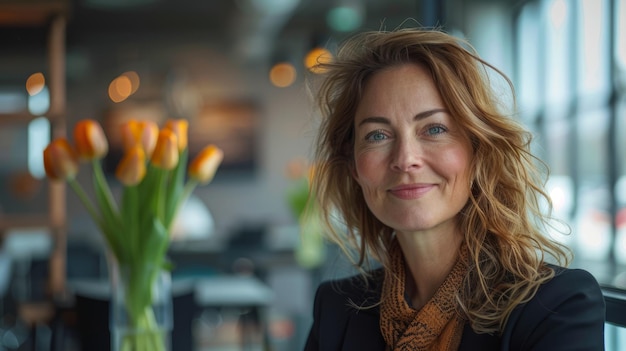 Portret van een glimlachende vrouw met lang blond haar met een sjaal