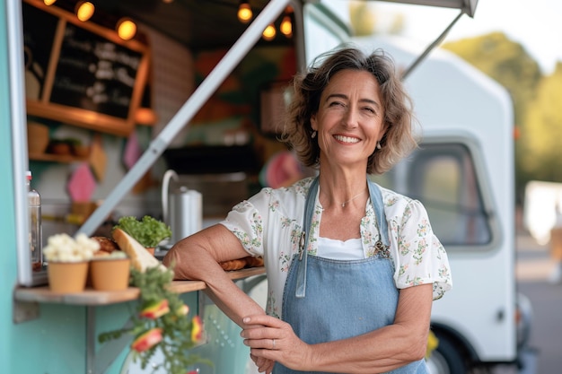 Portret van een glimlachende vrouw van middelbare leeftijd die voor een foodtruck staat met AI gegenereerd