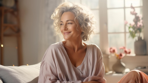 Portret van een glimlachende vrouw van middelbare leeftijd met blond haar die op een bank zit en wegkijkt van de camera