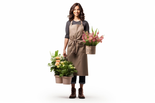 Portret van een glimlachende vrouwelijke bloemist met een boeket bloemen