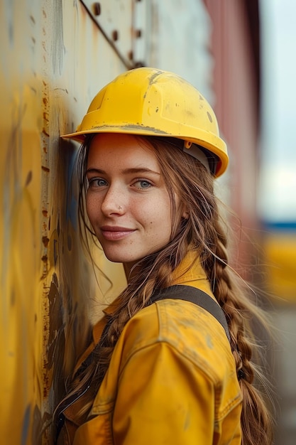 Portret van een glimlachende vrouwelijke bouwvakker in gele helm en jas met industriële