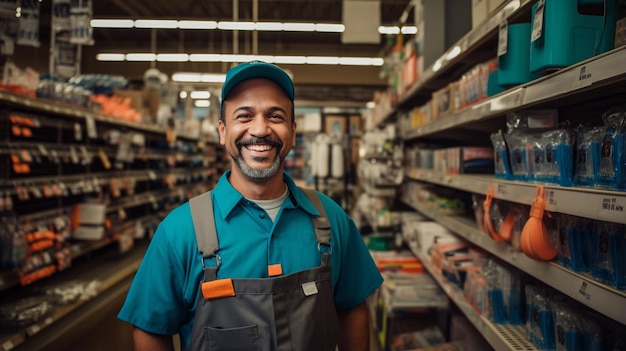 Portret van een glimlachende werknemer in uniform die voor de camera staat op de werkplek van de magazijnwerker