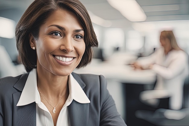 portret van een glimlachende zakenvrouw die op kantoor zit. Portret van een glimlachende zakenvrouw die op kantoor zit