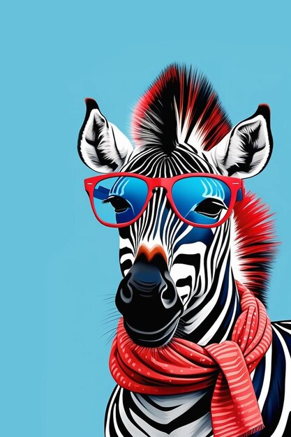 Foto portret van een glimlachende zebra in een blauwe zonnebril en een rode sjaal