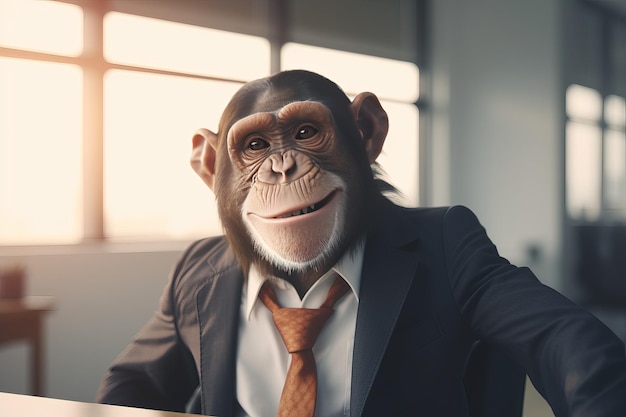 Portret van een glimlachende zelfverzekerde aap in een grijs pak en bruine stropdas in een helder kantoor