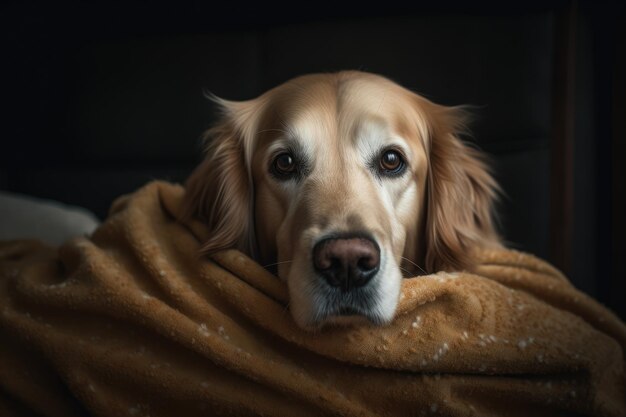 Portret van een golden retriever hond gewikkeld in een warme deken AI gegenereerd