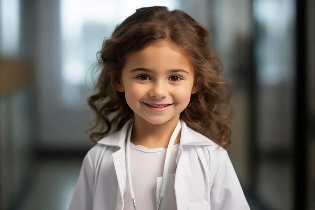 Portret van een grappig klein meisje dokter in het ziekenhuis