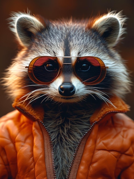 Portret van een grappige wasbeer in een lederen jas en zonnebril