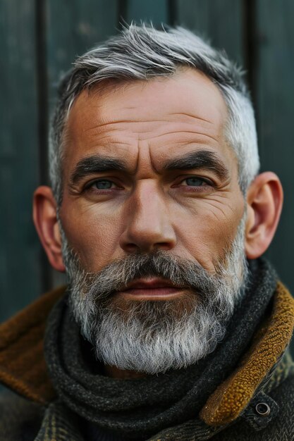 Foto portret van een grijsharige man met een grijze baard en snor