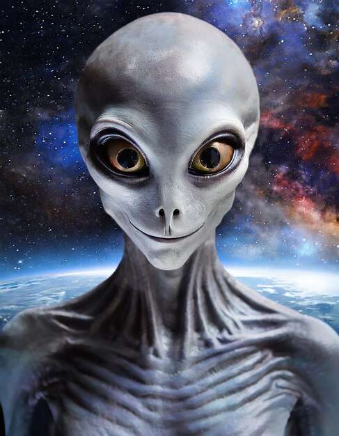Foto portret van een grijze buitenaardse op de achtergrond van de kosmos