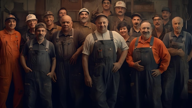 Foto portret van een groep arbeiders in een fabriek die overalls dragen