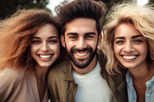 Portret van een groep gelukkige vrienden die genieten van tijd samen buitenshuis, gemaakt met generatieve AI
