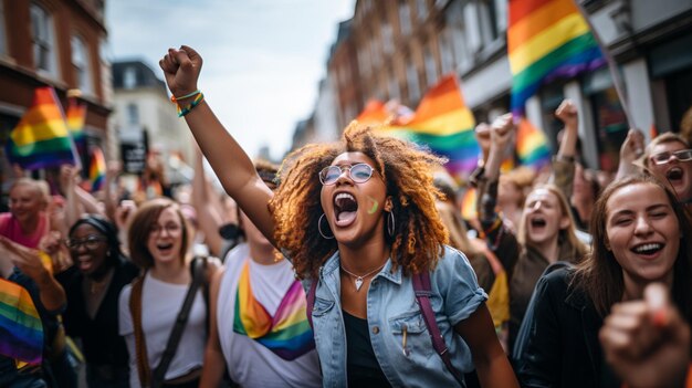 Portret van een groep lgbtq-protesten die gelijkheid eisen Groep mensen die de Pride-maand vieren op een Pride-evenement