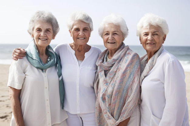 Portret van een groep oudere vrienden die een dag op het strand doorbrengen, gemaakt met generatieve AI