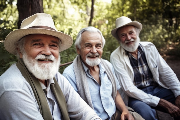 Portret van een groep oudere vrienden die samen buiten werken, gemaakt met generatieve AI