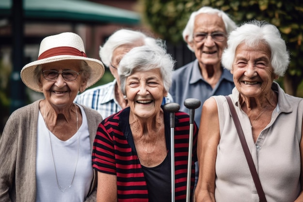 Portret van een groep oudere vrienden tijdens hun minigolfuitje, gemaakt met generatieve AI