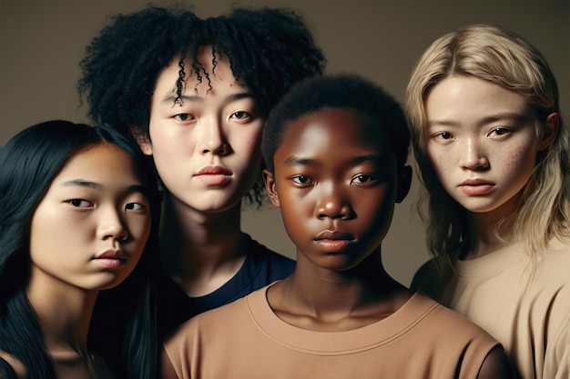 Portret van een groep van vier tieners met verschillende huidskleuren die samen staan Generatieve AI-illustratie