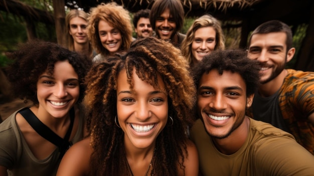 Portret van een groep vrienden glimlachend en kijkend naar de camera in boskamp Generatieve AI