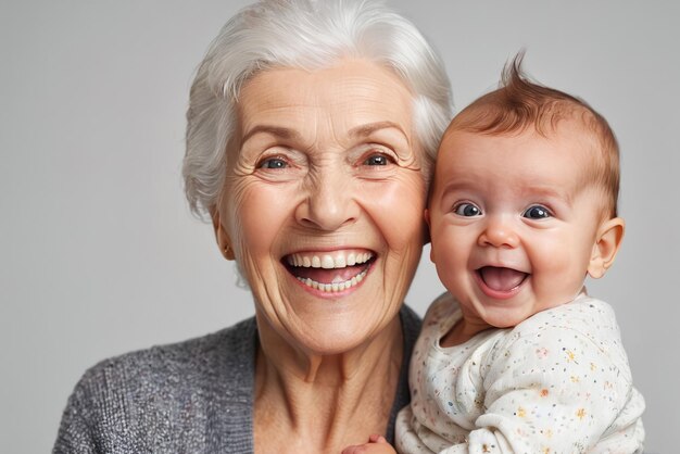 Portret van een grootmoeder die een pasgeboren baby vasthoudt en glimlacht