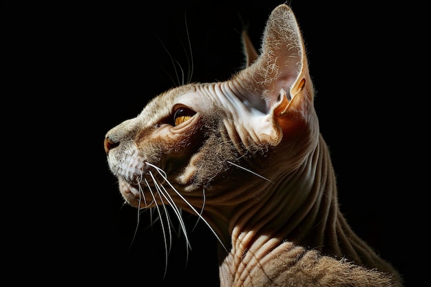 Portret van een haarloze kat op rode achtergrond