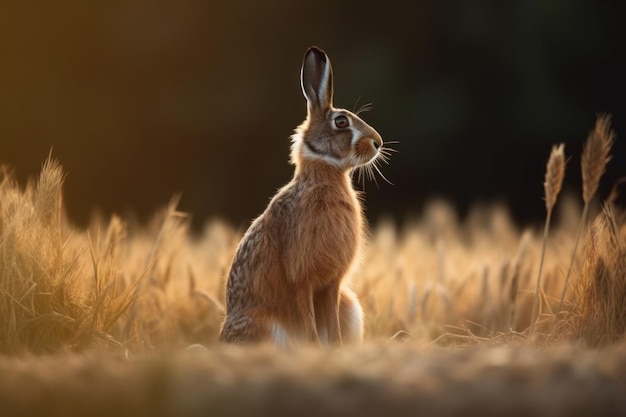 Portret van een haas Lepus europaeus in een veld met mooi zacht zonsonderganglicht