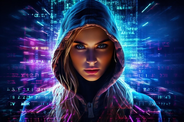 portret van een hackermeisje in een futuristische setting die vrouwelijke cybercriminaliteit vertegenwoordigt