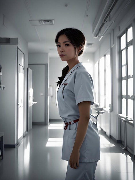 Portret van een half lichaam Verpleegster die in het ziekenhuis staat