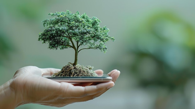 Portret van een hand met een mobiele telefoon en een plant met een grote ruimte voor tekst een concept van groen Generatieve AI