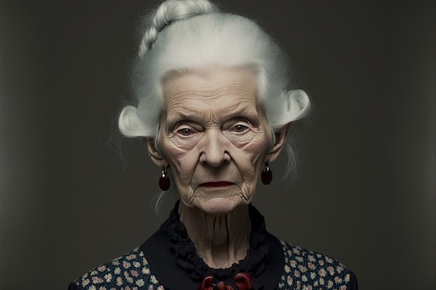 Portret van een harde Russische oudere vrouw met klassiek kapsel op een donkere achtergrond Generatieve AI