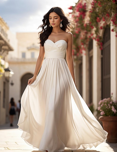 portret van een heel mooie jonge vrouw die loopt in een elegante jurk, ideaal voor reclame