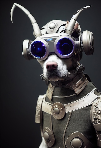 Portret van een hond die een cyberpunk-uitrusting draagt. Een hightech futuristische hond uit de toekomst.