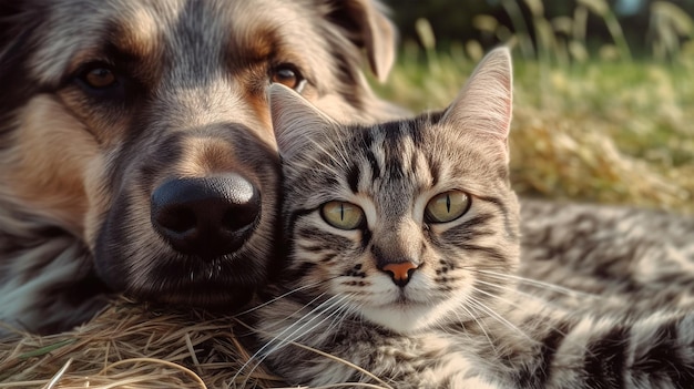 Foto portret van een hond en een kat die samen liggen een banner voor een dierenkliniek huisdieren