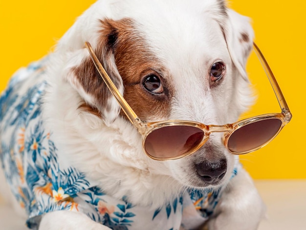 Portret van een hond in een Hawaiiaans shirt en zonnebril op een gele achtergrond Concept van zomervakantie reizen