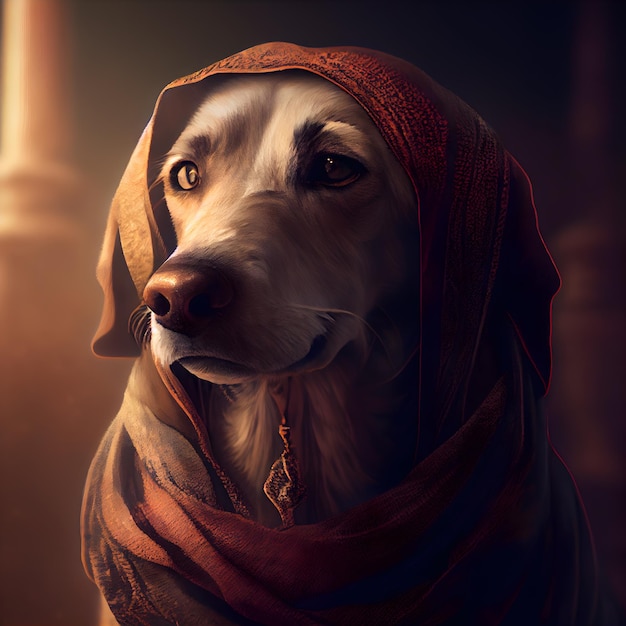 Portret van een hond in een rode sjaal op een donkere achtergrond