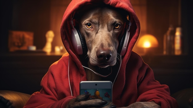 Portret van een hond in een trui met een mobiele telefoon in zijn handen