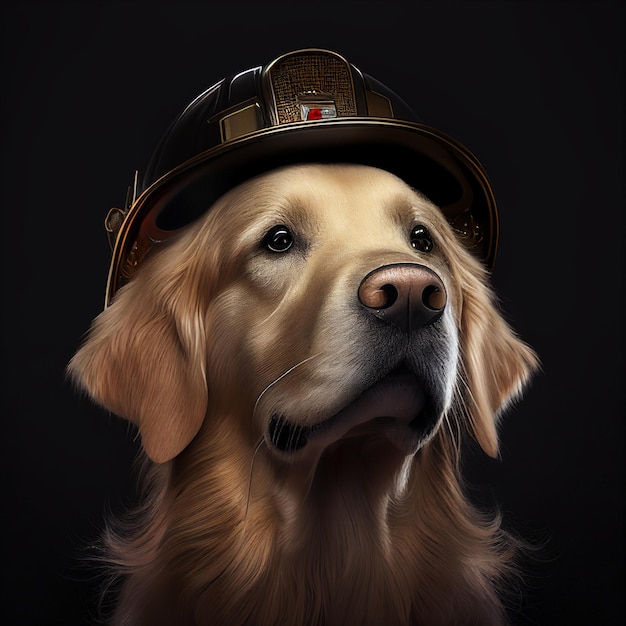 Portret van een hond met een brandweerhoed en een generatieve ai van een brandweerman