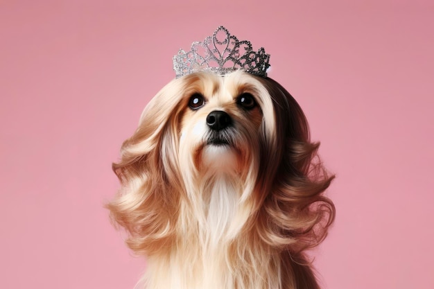 portret van een hond met een kroon tiara en lange haren pruik op roze achtergrond ai generatief