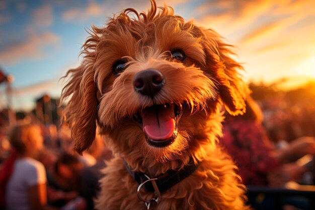 Portret van een hond op een achtergrond van de ondergaande zon