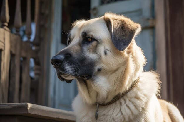 Portret van een hond op een achtergrond van een oud houten huis AI gegenereerd