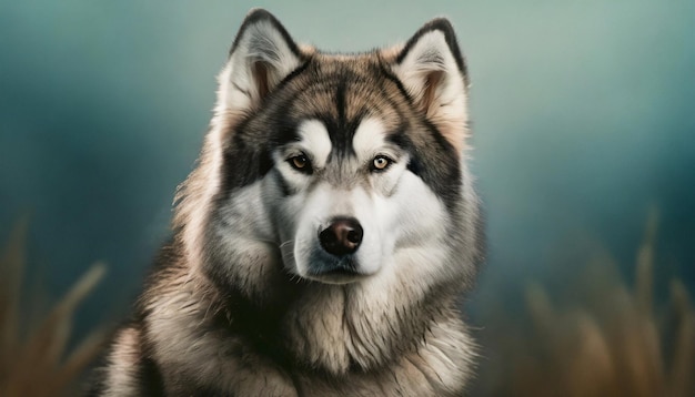 Portret van een hond van het ras Alaskan Malamute Een schattig huisdier dat buiten poseert