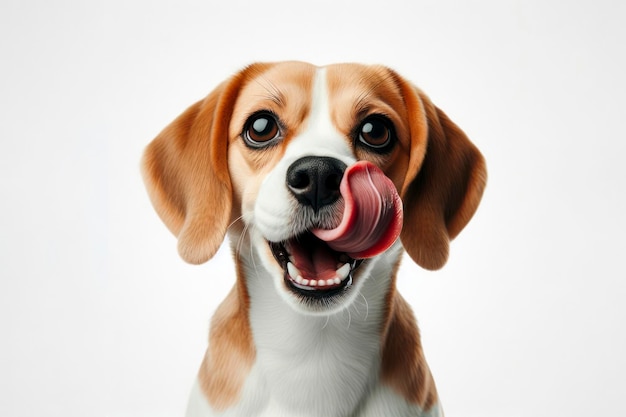 Portret van een hongerige en grappige schattige hond die zijn lippen met zijn tong op een witte achtergrond likte